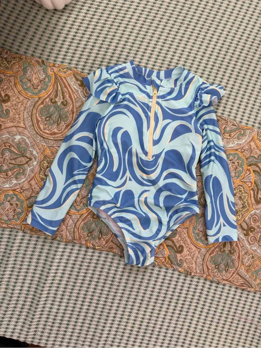 wonder nation Blue & Light Blue Swirl Long-Sleeve One-Piece Swimsuit 2T